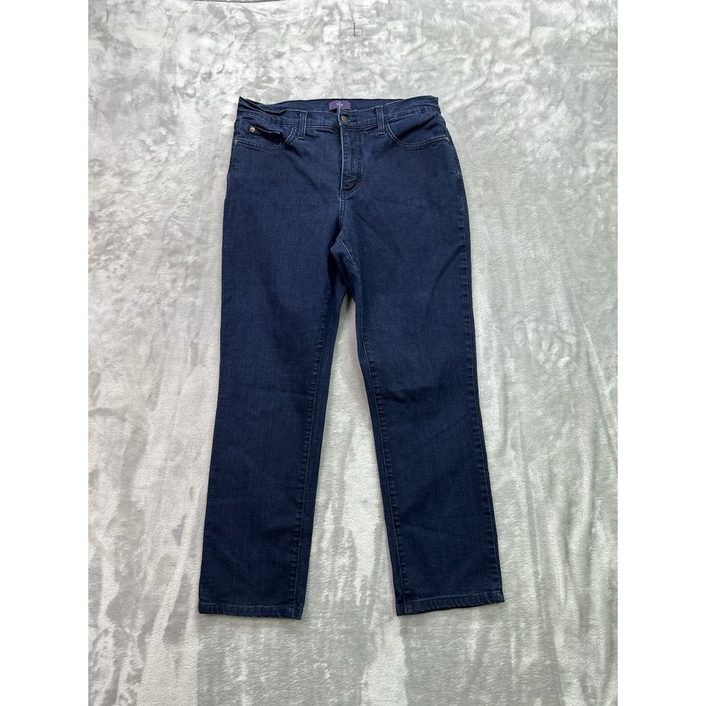 NYDJ Jeans Womens 10 Skinny Lift Tuck Stretch Mid Rise Dark Blue Faded Whiskered